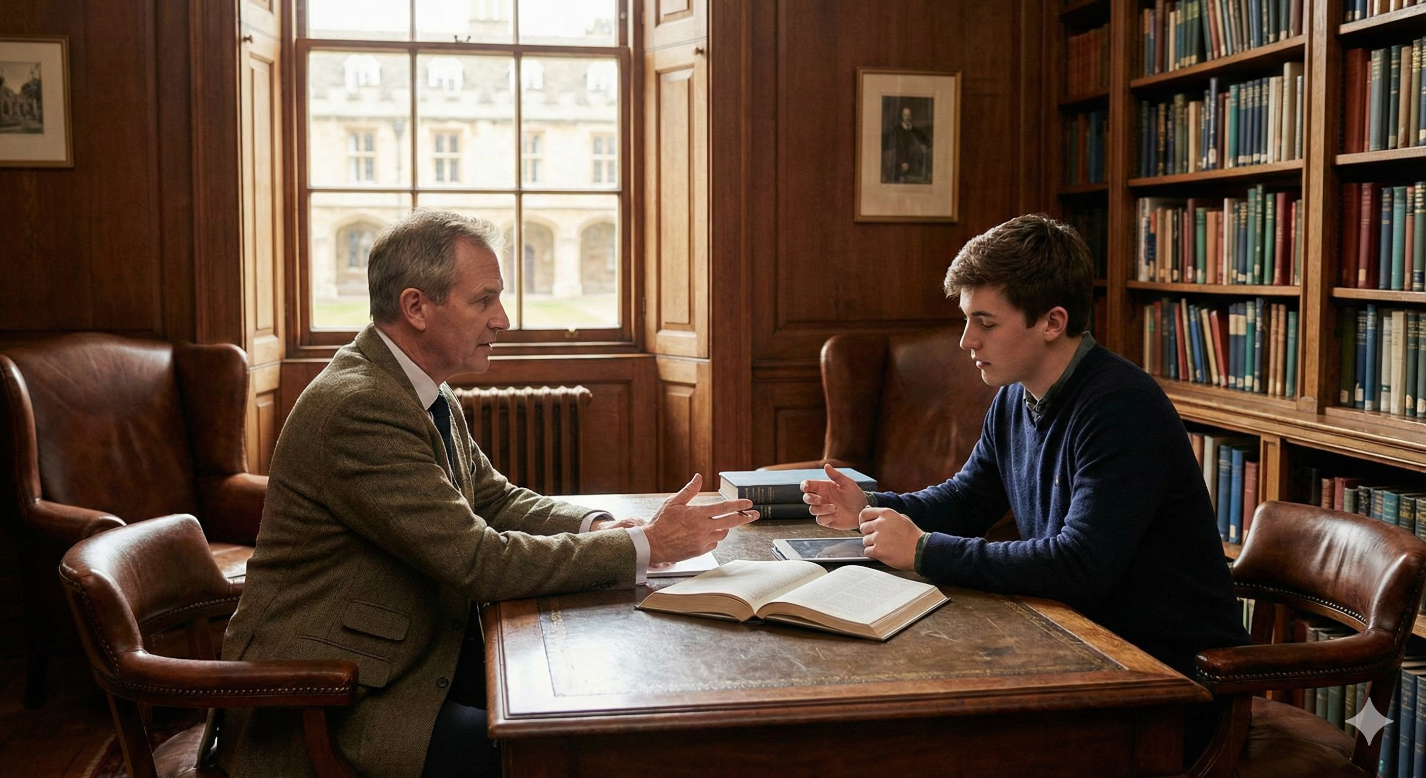 A classroom with a teacher and student facing each other